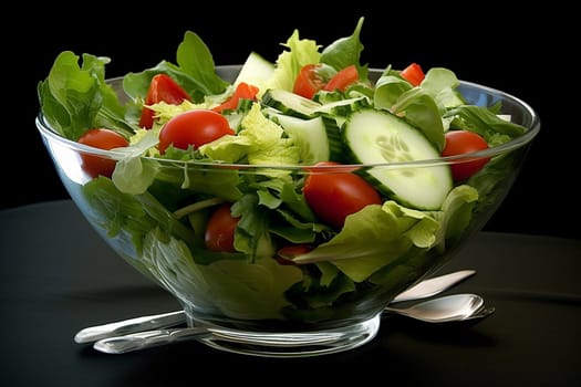 Fresh vegetable salad in a clear bowl on black background
