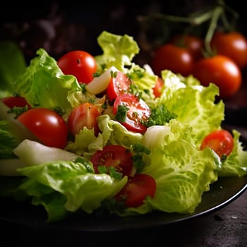 Fresh vegetable salad with lettuce, cherry tomatoes, and cucumbers on a plate.