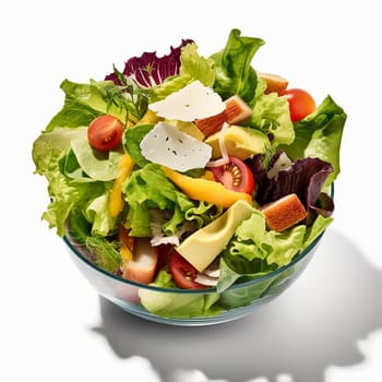 Fresh salad bowl with mixed greens, tomatoes, cheese, and dressing.