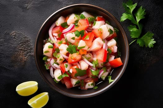 Freshly prepared ceviche with shrimp, lime, herbs and vegetables