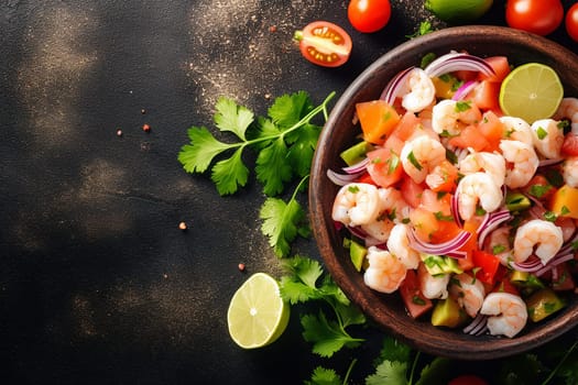Fresh shrimp salad with tomatoes, onions, and cilantro on a dark background.