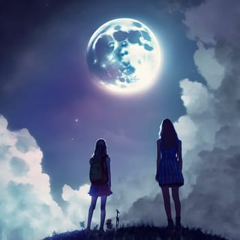 two girls looking up at the Moon in night sky, rear view, neural network generated art. Digitally generated image. Not based on any actual scene or pattern.