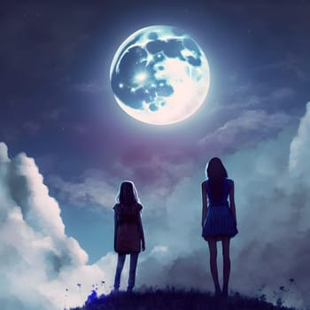 two girls looking up at the Moon in night sky, rear view, neural network generated art. Digitally generated image. Not based on any actual scene or pattern.