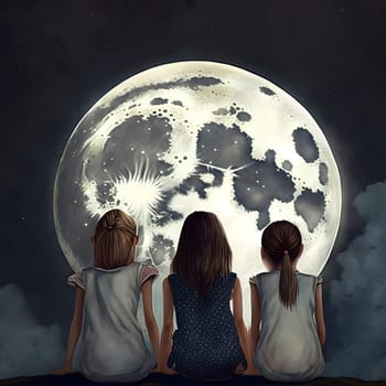 three young girls looking up at the Moon in night sky, rear view, neural network generated art. Digitally generated image. Not based on any actual scene or pattern.