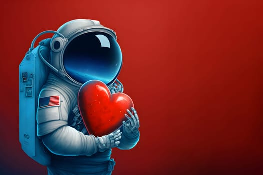 cosmonaut in space suit holding unknown red heart-shaped object, neural network generated art. Digitally generated image. Not based on any actual scene or pattern.