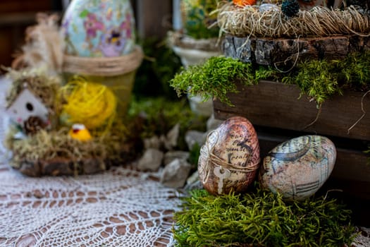 As the camera pans slowly to the right, it reveals the meticulous artistry of hand-painted and decorated chicken eggs, showcasing the skill and creativity of the artisans behind these unique Easter decorations.