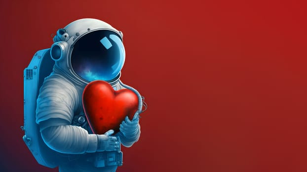 cosmonaut in space suit holding unknown red heart-shaped object, neural network generated art. Digitally generated image. Not based on any actual scene or pattern.