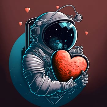 cosmonaut in space suit holding unknown red heart-shaped object, neural network generated art. Digitally generated image. Not based on any actual scene or pattern.