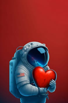 cosmonaut in space suit holding unknown red heart-shaped object, neural network generated art. Digitally generated image. Not based on any actual scene or pattern.