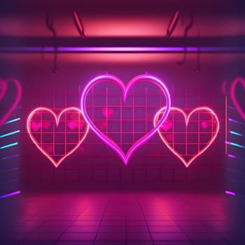 glowing neon hearts on the wall at night for valentines day, neural network generated art. Digitally generated image. Not based on any actual scene or pattern.