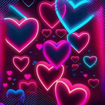 many glowing neon hearts - background for valentines day, neural network generated art. Digitally generated image. Not based on any actual scene or pattern.