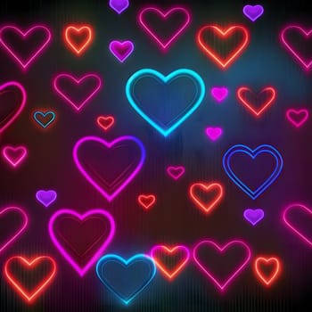 many glowing neon hearts - background for valentines day, neural network generated art. Digitally generated image. Not based on any actual scene or pattern.