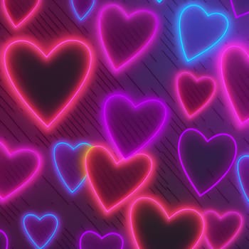 many glowing neon hearts - background for valentines day, neural network generated art. Digitally generated image. Not based on any actual scene or pattern.