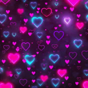 many glowing neon hearts - background for valentines day, neural network generated art. Digitally generated image. Not based on any actual scene or pattern.