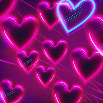 many glowing neon hearts - background for valentines day, neural network generated art. Digitally generated image. Not based on any actual scene or pattern.