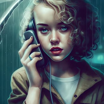 curly blonde young caucasian woman talking on the phone under rain, neural network generated art. Digitally generated image. Not based on any actual scene or pattern.