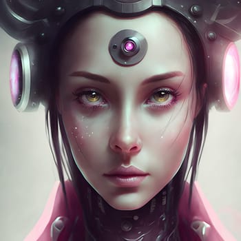 young caucasian woman in futuristic cybernetic helmet with headphones, neural network generated art. Digitally generated image. Not based on any actual scene or pattern.