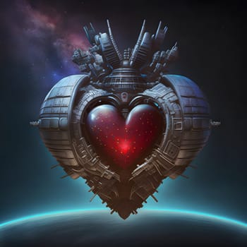 heart shaped fantastic futuristic orbital space station, neural network generated art. Digitally generated image. Not based on any actual scene or pattern.