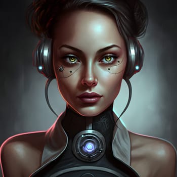 young caucasian woman in futuristic cybernetic dress and headphones, neural network generated art. Digitally generated image. Not based on any actual scene or pattern.