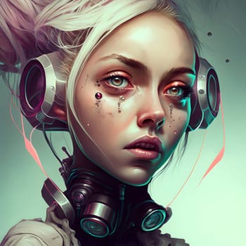 young caucasian female cyborg in futuristic cybernetic headphones, neural network generated art. Digitally generated image. Not based on any actual scene or pattern.