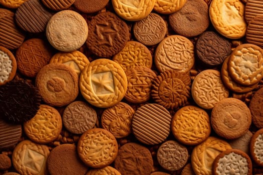 Assorted cookies in various shapes, textures, and designs.