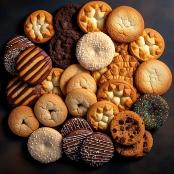 Assorted cookies with various toppings and flavors on dark background