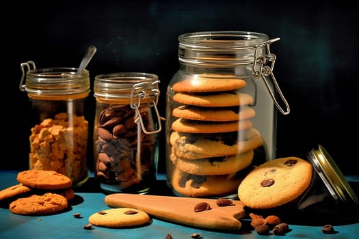 Glass jars filled with assorted cookies and spilled nuts.