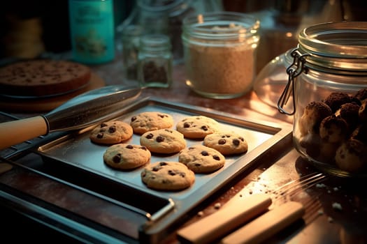 Freshly baked chocolate chip cookies on a tray in a cozy kitchen setting.