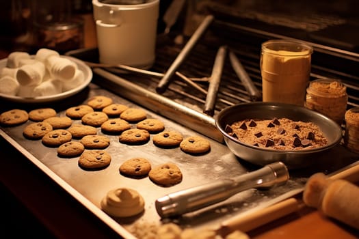 Freshly baked cookies on a tray with baking tools