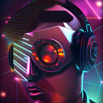 fantastic disco head with bizarre glasses and headphones, neural network generated art. Digitally generated image. Not based on any actual scene or pattern.