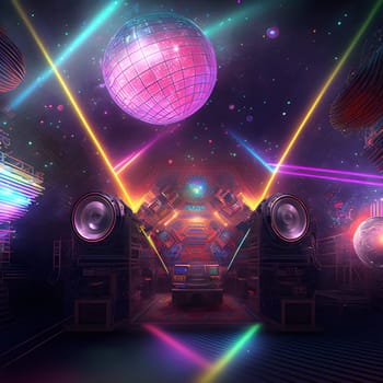 neon disco background - empty dance floor with dj console and loudspeakers, neural network generated art. Digitally generated image. Not based on any actual scene or pattern.