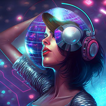 disco diva woman with mirror ball on shoulder, low angle portrait with bizarre headphones, neural network generated art. Digitally generated image. Not based on any actual scene or pattern.