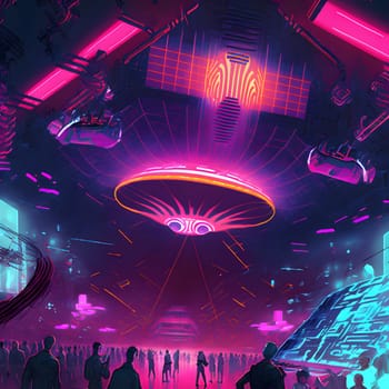 crowded dance floor in night club with large flying saucer ufo, neural network generated art. Digitally generated image. Not based on any actual scene or pattern.