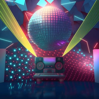 neon disco background - empty dance floor with dj console, loudspeakers and large mirror ball, neural network generated art. Digitally generated image. Not based on any actual scene or pattern.