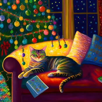 domestic gray striped tabby cat lies on sofa under decorated christmas tree at night, neural network generated art. Digitally generated image. Not based on any actual scene or pattern.