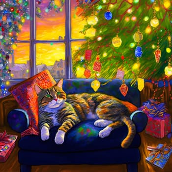 domestic gray striped tabby cat lies on sofa under decorated christmas tree, neural network generated art. Digitally generated image. Not based on any actual scene or pattern.