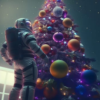 astronaut in white space suit stands next to a christmas tree decorated with planets, low angle shot, neural network generated art. Digitally generated image. Not based on any actual scene or pattern.