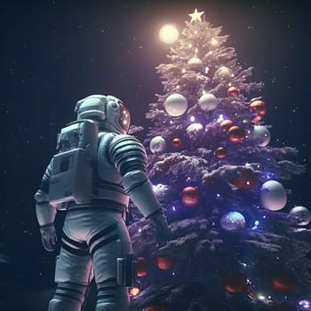 astronaut in white space suit stands next to a christmas tree decorated with planets, low angle shot, neural network generated art. Digitally generated image. Not based on any actual scene or pattern.