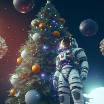 astronaut in white space suit stands next to a christmas tree decorated with planets, low angle shot, neural network generated art. Digitally generated image. Not based on any actual scene or pattern.