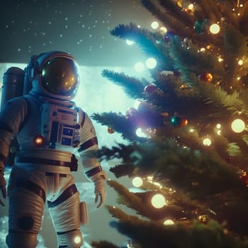 astronaut in white space suit stands next to a christmas tree decorated with planets, low angle shot, neural network generated art. Digitally generated image. Not based on any actual scene or pattern.