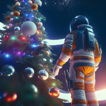 astronaut in white space suit stands next to a christmas tree decorated with planets, low angle shot, neural network generated art. Digitally generated image. Not based on any actual scene or pattern.