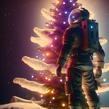 astronaut in white space suit stands next to a christmas tree decorated with planets, low angle shot, neural network generated art. Digitally generated image. Not based on any actual scene or pattern.