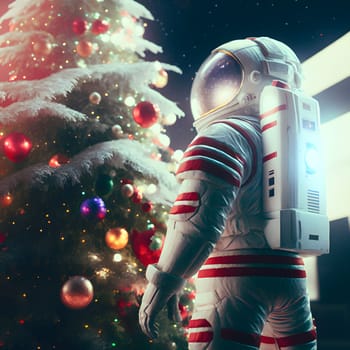 astronaut in white space suit stands next to a christmas tree decorated with planets, low angle shot, neural network generated art. Digitally generated image. Not based on any actual scene or pattern.