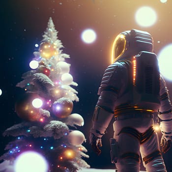 astronaut in white space suit stands next to a christmas tree decorated with planets, low angle shot, neural network generated art. Digitally generated image. Not based on any actual scene or pattern.