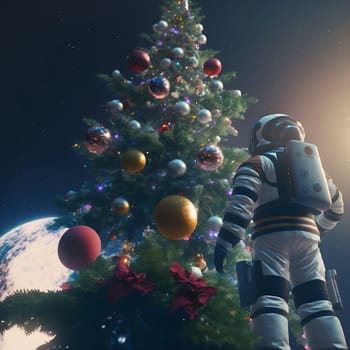 astronaut in white space suit stands next to a christmas tree decorated with planets, low angle shot, neural network generated art. Digitally generated image. Not based on any actual scene or pattern.