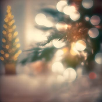 christmas background with decorated fir tree - closeup with selective focus, neural network generated art. Digitally generated image. Not based on any actual scene or pattern.