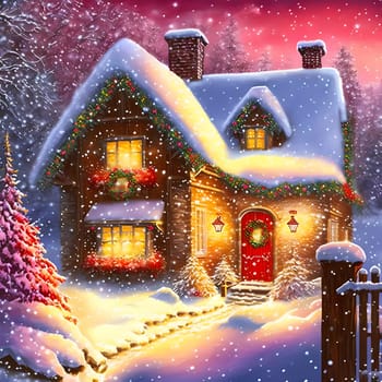 cozy fairytale winter house at snowy night, neural network generated art. Digitally generated image. Not based on any actual scene or pattern.