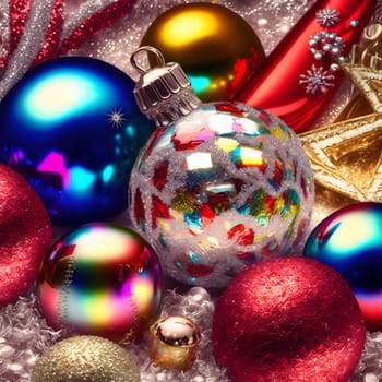 colorful christmas balls close full-frame background, neural network generated art. Digitally generated image. Not based on any actual scene or pattern.