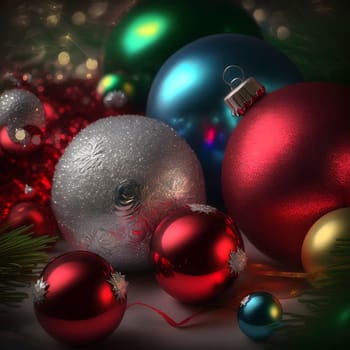 colorful christmas balls close full-frame background, neural network generated art. Digitally generated image. Not based on any actual scene or pattern.