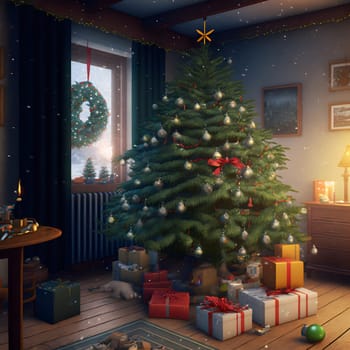 decorated christmas tree with gifts underneath in cozy domestic interior, neural network generated art. Digitally generated image. Not based on any actual scene or pattern.